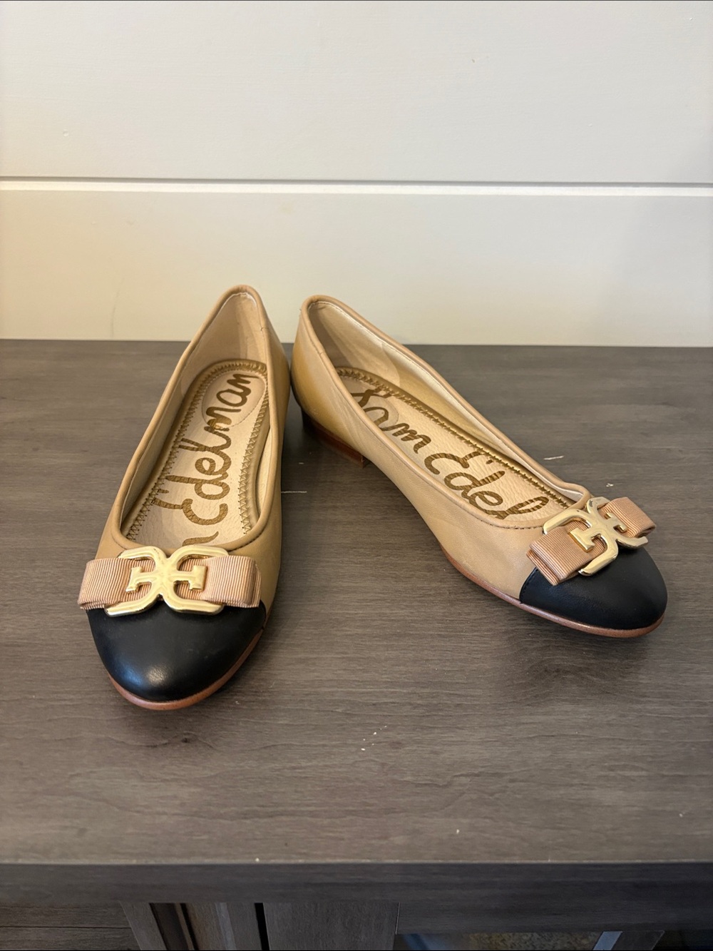 Sam Edelman Beige and Black Leather Cap-Toe Ballet Flats